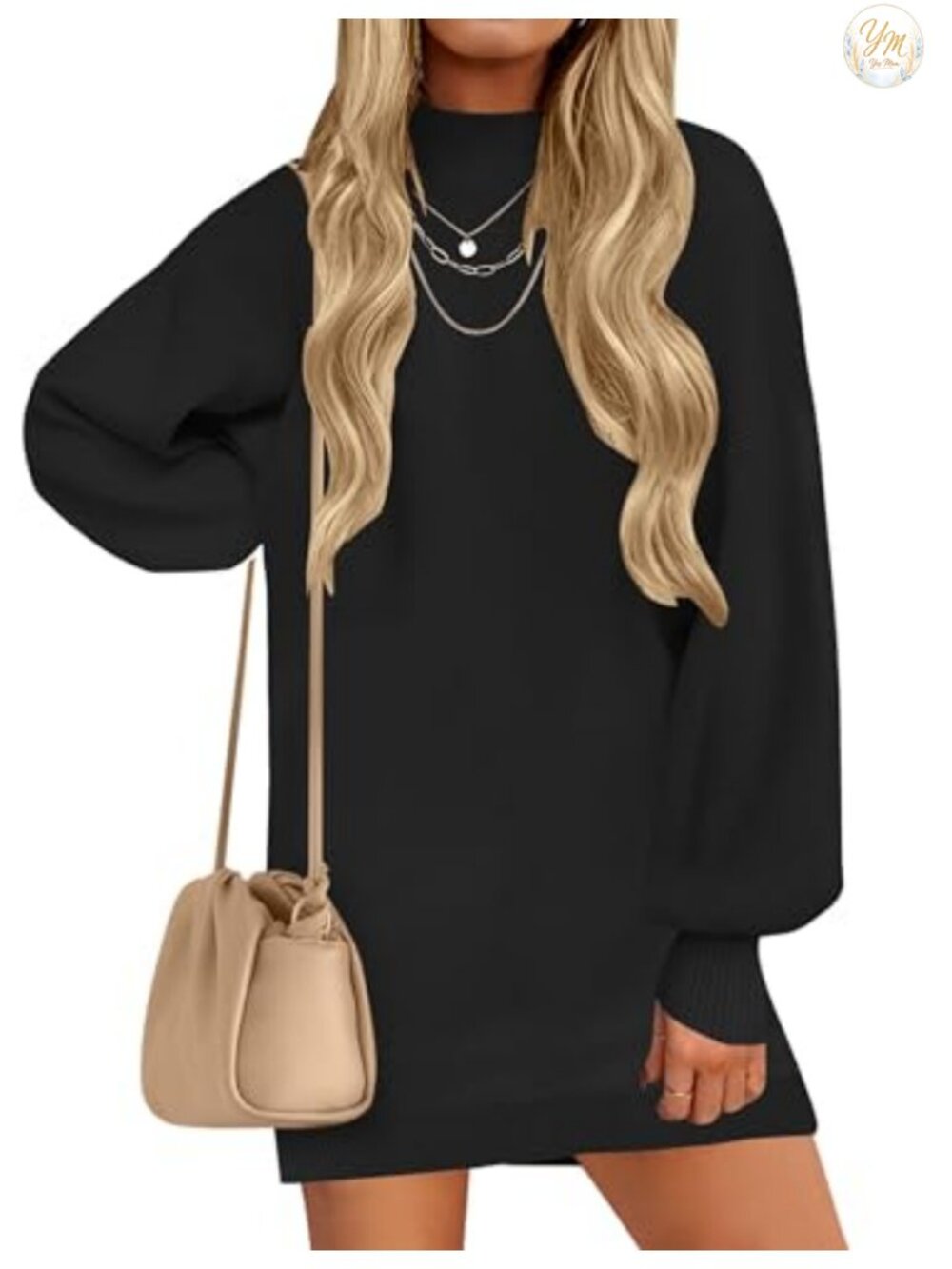 Mock Neck Mini Sweater Dress Lantern Sleeve Ribbed Knit Pullover